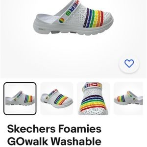 Skechers Women's Rainbow White Foamies GOwalk Washable Slip-on Clog Shoes